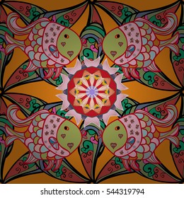 Mandalas background. Red, pink, orange. Fish. Vector illustration. Radial gradient shape.