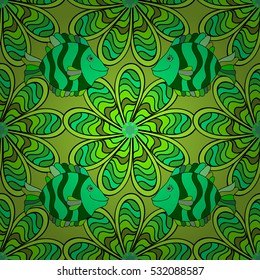 Mandalas background. Red, pink, white. Stripe. Vector illustration. Fish, green, petals.