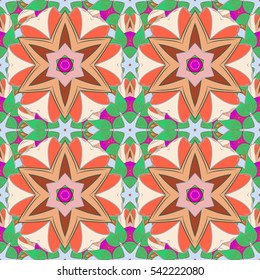 Mandalas background. Red, pink, white, green. Petals. Vector illustration.