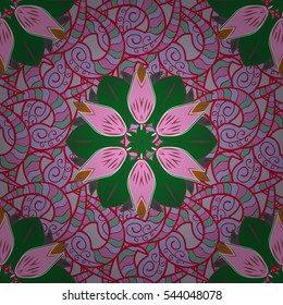 Mandalas background. Red, pink, white. Petal flowers. Vector illustration. Green background. Radial gradient shape.