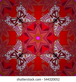 Mandalas background. Red, pink, white. Butterfly. Vector illustration. Radial gradient shape.