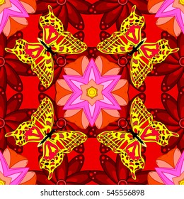 Mandalas background. Red, pink, yellow. Butterfly. Vector illustration.