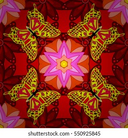 Mandalas background. Red, pink, yellow. Butterfly. Vector illustration. Radial gradient shape.