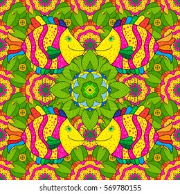 Mandalas background. Vector illustration texture. Colorful elements. Fish. Yellow. Pink. Green.