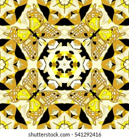 Mandalas background. Yellow, beige. Butterfly. Vector illustration.