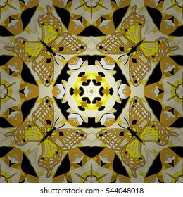 Mandalas background. Yellow, beige. Butterfly. Vector illustration. Radial gradient shape.