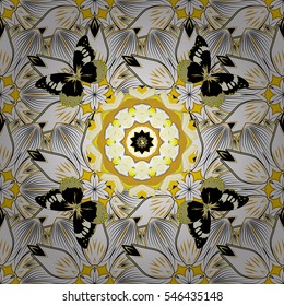 Mandalas background. Yellow, black, white. Butterflies. Vector illustration. Radial gradient shape.