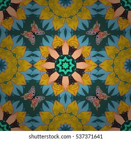 Mandalas background. Yellow, blue. Butterfly. Radial gradient shape. Vector illustration.