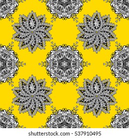 Mandalas background. Yellow, gray, white. Doodles. Vector illustration.