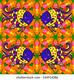 Mandalas background. Yellow, green, orange. Fish. Doodles. Vector illustration.