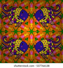 Mandalas background. Yellow, green, orange. Fish. Doodles. Vector illustration. Radial gradient shadow.