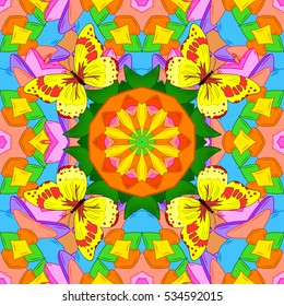 Mandalas background. Yellow, pink, blue. Butterflies. Vector illustration.