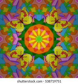 Mandalas background. Yellow, pink, blue. Butterflies. Radial gradient shape. Vector illustration.