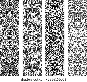 Mandalas bookmark line art. Vintage decorative elements. Arabesque black and white pattern, vector illustration. Ethnic tribal geometric vertical banners ornamental collection gypsy style