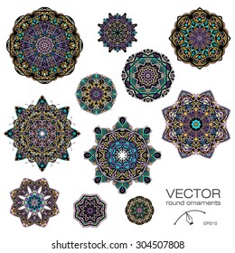 Colección Mandalas. Patrón de ornamento redondo. Elementos decorativos de época. Antecedentes dibujados a mano. Motivos islámicos, árabes, indios y otomanos.