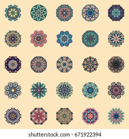 Mandalas collection. Round Ornament Pattern. Vintage decorative elements. Geometric Round circle Ornament elements made in vector. Islam, Arabic, Indian, ottoman motifs.