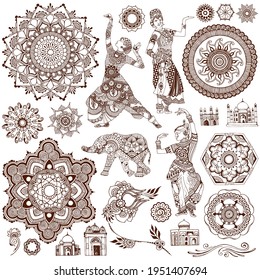 Mandalas, dancers and other elements symbolizing Oriental culture. Set of elements for design in the style of mehndi.