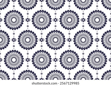 mandalas ethnic fabric seamless pattern, dark blue on White background, design for cloth, carpet, batik, wallpaper, wrapping etc.