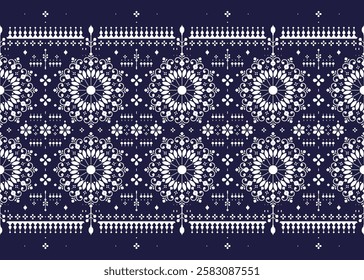 mandalas ethnic fabric seamless pattern, white color on dark blue background, design for cloth, carpet, batik, wallpaper, wrapping etc.
