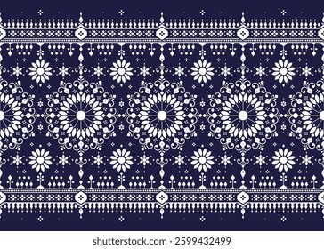 mandalas ethnic fabric seamless pattern, white color on dark blue background, design for cloth, carpet, batik, wallpaper, wrapping etc.
