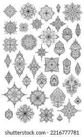 Mandalas and ethnic ornaments collection. Hand drawn linear geometric and floral elements. Vector outline set with indian folk motif for meditation concept, yoga logo or banners, henna tattoo
