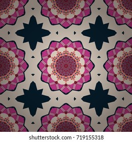 Mandalas ethnic seamless pattern in beige, blue and pink colors. Vector seamless ornament. Ornamental motifs of the Indian fabric patterns.