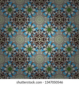 Mandalas ethnic seamless pattern in blue, green and gray colors. Ornamental motifs of the Indian fabric patterns. Vector seamless ornament.