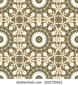 Mandalas ethnic seamless pattern in gray, white and brown colors. Vector seamless ornament. Ornamental motifs of the Indian fabric patterns.