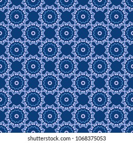 Mandalas ethnic seamless pattern in neutral, blue and violet colors. Vector seamless ornament. Ornamental motifs of the Indian fabric patterns.