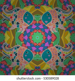 Mandalas and fish. Yellow, pink, green. Vector illustration.