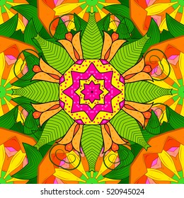 Mandalas floral background. Seamless pattern. Orange, red, green, yellow, pink. Vector.