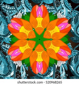 Mandalas floral background. Seamless pattern. Orange, red, green, yellow, pink., blue. Vector.