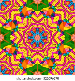 Mandalas floral background. Seamless pattern. Orange, green, yellow, blue. Vector.
