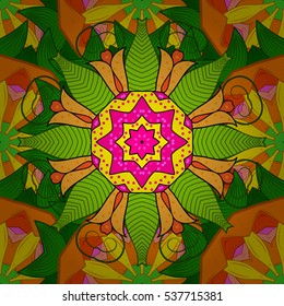 Mandalas floral background. Seamless pattern. Orange, red, green, yellow, pink. Vector. Radial gradient shadow.