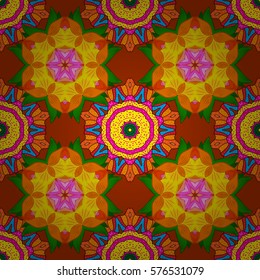 Mandalas floral background. Seamless pattern. Orange, red, green, yellow, pink. Vector. Radial gradient shape.