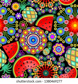 Mandalas Flowers and Exotic Fruits Vector Seamless Pattern  
