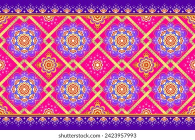 Mandalas Flower,Sakura ethnic seamless pattern oriental traditional in tribal.Design for background,carpet,Batik,cover,textile,wallpaper,clothing,print,wrapping,Vector illustration.embroidery style.