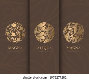Mandalas with golden leaves. Vector set. Can be used for jewelry, beauty and fashion industry. Great for emblem, monogram, invitation, flyer, menu, brochure, background, or any desired idea.