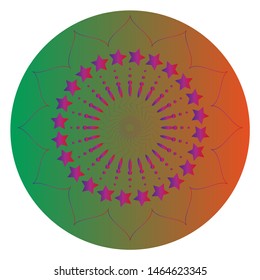 Mandala's image is a geometric symbol of a complex structure that is interpreted as a model of the universe. Mandala is painted in green and gradient colors.