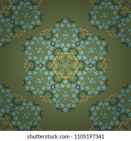 Mandalas kaleidoscope seamless pattern. Composed of white, green and blue abstract elements. Vector illustration. Useful as design element for texture and artistic compositions.