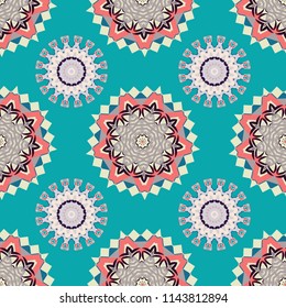 Mandalas kaleidoscope seamless pattern. Composed of blue, gray and beige abstract elements. Vector illustration. Useful as design element for texture and artistic compositions.