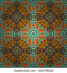 Mandalas kaleidoscope seamless pattern. Useful as design element for texture and artistic compositions. Vector illustration. Composed of blue, brown and orange abstract elements.