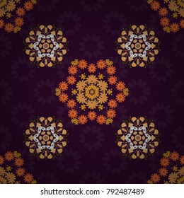 Mandalas kaleidoscope seamless pattern. Useful as design element for texture and artistic compositions. Vector illustration. Composed of yellow, brown and orange abstract elements.