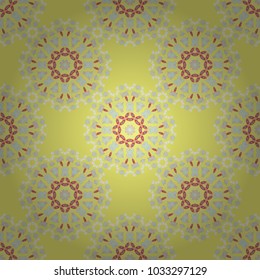 Mandalas kaleidoscope seamless pattern. Vector illustration. Composed of yellow, red and beige abstract elements. Useful as design element for texture and artistic compositions.
