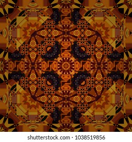 Mandalas on the background. Geometric repeating wallpaper. Vector abstract holographic seamless pattern in black, brown and orange colors. Vibrant style pattern.