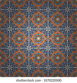 Mandalas on the background. Geometric repeating wallpaper. Vector abstract holographic seamless pattern in pink, gray and blue colors. Vibrant style pattern.