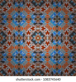 Mandalas on the background. Geometric repeating wallpaper. Vector abstract holographic seamless pattern in gray, neutral and blue colors. Vibrant style pattern.