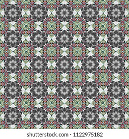 Mandalas on the background. Geometric repeating wallpaper. Vibrant style pattern. Vector abstract holographic seamless pattern in gray, beige and brown colors.