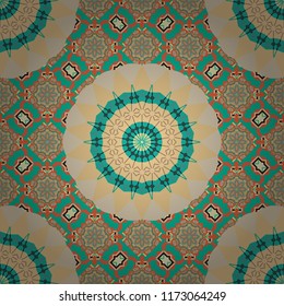 Mandalas on the background. Geometric repeating wallpaper. Vibrant style pattern. Vector abstract holographic seamless pattern in blue, orange and beige colors.