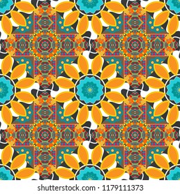 Mandalas on the background. Geometric repeating wallpaper. Vibrant style pattern. Vector abstract holographic seamless pattern in orange, blue and brown colors.